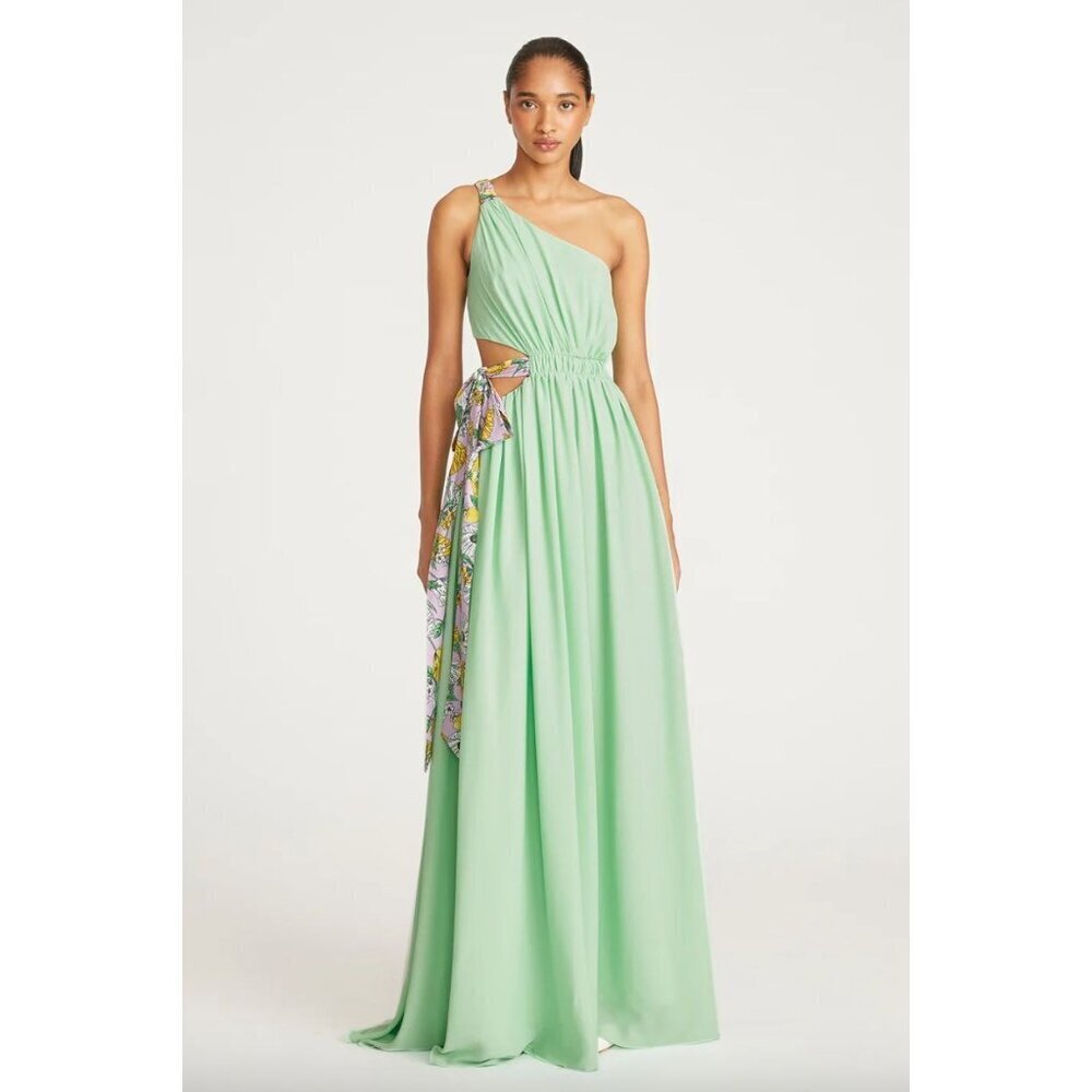 AMUR Zela One Shoulder Tie Waist Gown Fresh Mint Womens Size 0